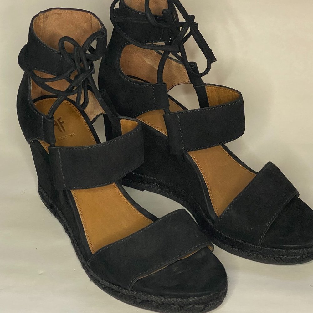 Frye Black Suede Wedge Sandals - Size 6.5